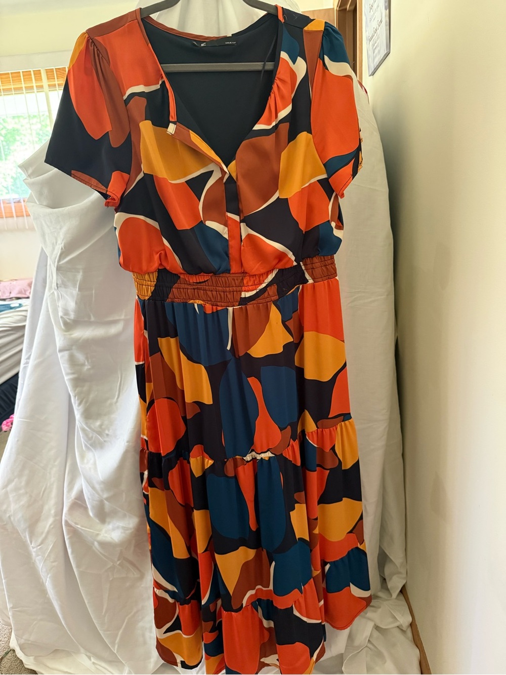 Leslie Fay Orange, Navy & Mustard Abstract Midi Dress